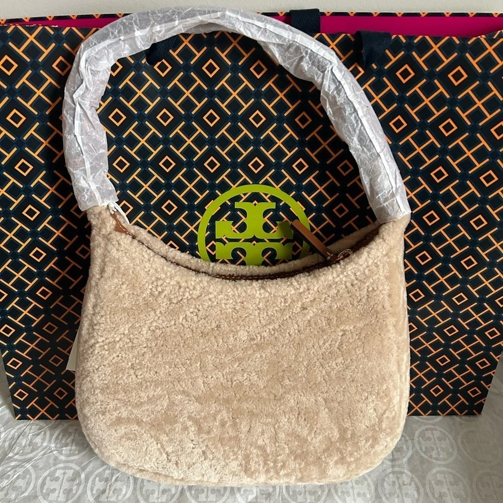 Tory Burch Emerson Shearling Shoulder Bag Fresh Wheat Gold Tan Brown Cream